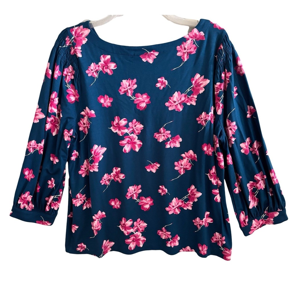 J Jill Top Wearever Collection Floral Blouse Large Petite LP Blue Pink Stretch